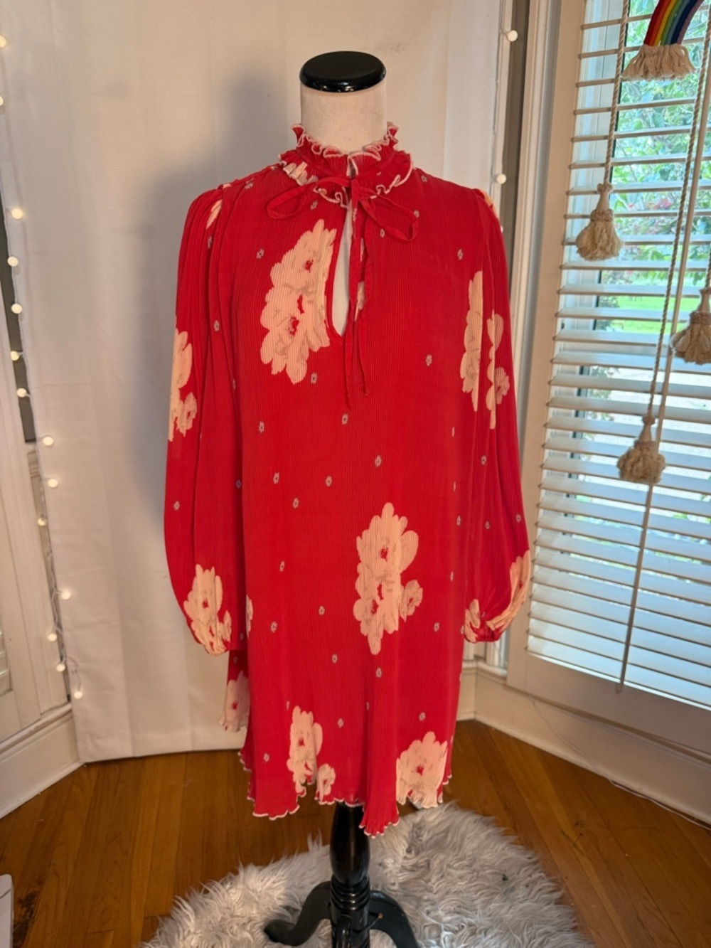 Ganni Red Floral Long Sleeve Mini Dress with Cream Blooms